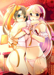 Rule 34 | 10s, 2girls, alternate costume, an jera, arm around back, arm cuffs, ass, backless outfit, bare shoulders, blush, bottomless, breasts, chrysanthemum, cleavage, unworn clothes, cowboy shot, detached collar, embarrassed, flower, gloves, green eyes, grey hair, groin, hair ribbon, hairband, hand on another&#039;s shoulder, highres, hug, kantai collection, kikumon, long hair, looking at viewer, looking back, midriff, multiple girls, navel, open mouth, orange eyes, panties, pink gloves, pink hair, pink panties, ribbon, shoukaku (kancolle), side-tie panties, skirt, unworn skirt, tareme, twintails, underwear, undressing, untying, zuikaku (kancolle)