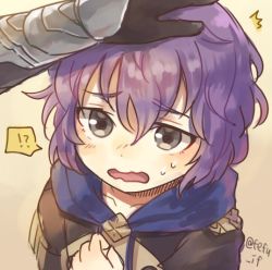 Rule 34 | !?, 1girl, 1other, bernadetta von varley, fire emblem, fire emblem: three houses, grey eyes, hand on another&#039;s head, headpat, lowres, nintendo, open mouth, purple hair, short hair, simple background, solo focus, tefutene, twitter username, upper body, wavy mouth