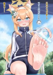 Rule 34 | 1girl, animal ears, barefoot, blue archive, blue eyes, blush, bottle, doodle sensei (blue archive), feet, hairband, highres, hinosaki, jacket, long hair, looking at viewer, mari (blue archive), mari (track) (blue archive), open mouth, orange hair, sensei (blue archive), sitting, soles, toes, track jacket, water, water bottle