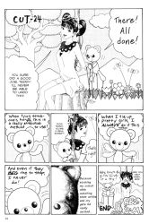 Rule 34 | 1girl, bdsm, bondage, bound, comic, furuya usamaru, greyscale, hard-translated, highres, left-to-right manga, looking at viewer, monochrome, open mouth, short cuts, smile, stuffed animal, stuffed toy, teddy bear, third-party edit, translated, twintails