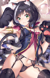 Rule 34 | 1girl, :&lt;, animal ear fluff, animal ears, animal hands, arm up, armlet, armpits, artist name, bare shoulders, black choker, black hair, black panties, black thighhighs, blush, bow, breasts, bubble, cameltoe, cat ears, cat girl, cat tail, choker, collar, commentary request, drill hair, frown, garter belt, gloves, green eyes, groin, hair between eyes, hair bow, hand up, highres, karyl (princess connect!), light particles, long hair, looking at viewer, low twintails, lying, medium breasts, multicolored hair, navel, no pants, on back, panties, paw gloves, pillow, princess connect!, red bow, shirt, sidelocks, sleeveless, sleeveless shirt, solo, squchan, stomach, strapless, streaked hair, string panties, swept bangs, tail, thighhighs, thighs, twin drills, twintails, two-tone hair, underwear, v-shaped eyebrows, wavy mouth, white hair