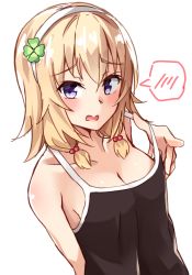 Rule 34 | 1girl, bad id, bad pixiv id, bare shoulders, black camisole, blush, breasts, camisole, cleavage, clover hair ornament, collarbone, commentary request, four-leaf clover hair ornament, hair between eyes, hair bobbles, hair ornament, hairband, high school fleet, highres, kapatarou, lifting own clothes, long hair, looking at viewer, low twintails, open mouth, purple eyes, short twintails, small breasts, solo, spoken blush, strap lift, twintails, wakasa reo, white hairband