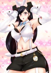 Rule 34 | 1girl, animal ears, belt, black gloves, black hair, black skirt, blue bow, blue bowtie, blush, bow, bowtie, breasts, chain, cleavage, collarbone, detached collar, detached sleeves, earrings, fake animal ears, final fantasy, final fantasy vii, fingerless gloves, garter straps, gloves, heart, heart background, jewelry, large breasts, long hair, long sleeves, looking at viewer, midriff, multicolored background, navel, open mouth, pocket watch, rabbit ears, rabbit girl, red eyes, shirt, skirt, solo, square enix, strapless, tifa lockhart, tube top, watch, white belt, white shirt, wool (pixiv 2870466), wrist cuffs
