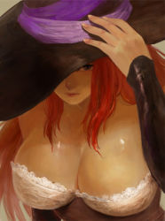 Rule 34 | 1girl, bad id, bad pixiv id, breasts, cleavage, dragon&#039;s crown, hat, hat over one eye, huge breasts, long hair, red hair, solo, sorceress (dragon&#039;s crown), witch hat, yuza