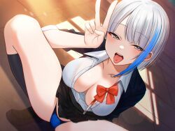 Rule 34 | 1girl, :d, black jacket, black skirt, black socks, blue hair, blue panties, bow, bowtie, breasts, cleavage, collared shirt, dress shirt, dutch angle, ear piercing, grey eyes, hand up, highres, hoshimiya aki, jacket, kneehighs, large breasts, legs apart, lingerie, looking at viewer, miniskirt, multicolored hair, naughty face, no bra, open clothes, open jacket, open mouth, original, panties, partially unbuttoned, piercing, pleated skirt, school uniform, shirt, short hair, sidelocks, skindentation, skirt, smile, socks, solo, squatting, streaked hair, string panties, thighs, tongue, tongue out, tongue piercing, underwear, v, white hair, white shirt, wing collar
