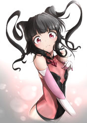 Rule 34 | 1girl, black hair, blunt bangs, breasts, closed mouth, cropped legs, elbow gloves, floating hair, frown, gloves, highres, leotard, long hair, looking at viewer, pink gloves, pink leotard, red eyes, senki zesshou symphogear, skin tight, small breasts, solo, syumashi, tsukuyomi shirabe, twintails, two-tone gloves, white gloves