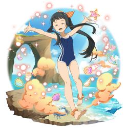 Rule 34 | 1girl, :d, anklet, arms up, barefoot, black hair, blue one-piece swimsuit, bow, breasts, closed eyes, collarbone, competition school swimsuit, facing viewer, floating hair, full body, gluteal fold, hair bow, highres, jewelry, long hair, official art, one-piece swimsuit, open mouth, orange bow, outstretched arms, plaid, plaid bow, ponytail, school swimsuit, sidelocks, small breasts, smile, soles, solo, sparkle, swimsuit, sword art online, transparent background, very long hair, yui (sao)