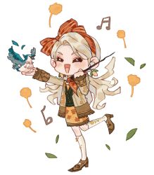 Rule 34 | 1girl, absurdres, animal, bird, blonde hair, bow, bow hairband, brown footwear, brown jacket, chibi, closed eyes, floral print, full body, hairband, harry potter: magic awakened, harry potter (series), highres, holding, holding animal, holding bird, holding wand, jacket, leaf, musical note, neckerchief, open mouth, orange bow, orange neckerchief, orange skirt, outstretched arm, parrot, skirt, smile, socks, solo, swept bangs, wand, white background, white socks, wizarding world, xialuo yingling