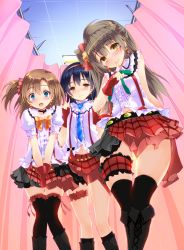 Rule 34 | 3girls, between legs, black legwear, blue eyes, blue hair, blush, bokura wa ima no naka de, bow, bowtie, commentary request, finger to mouth, fingerless gloves, frills, from below, gloves, grey hair, hair between eyes, hand between legs, highres, kosaka honoka, long hair, looking at viewer, love live!, love live! school idol project, minami kotori, multiple girls, navel, necktie, no panties, one side up, open mouth, orange hair, plaid, plaid skirt, pussy juice, red gloves, shirt, short sleeves, skirt, sleeveless, sleeveless shirt, smile, sonoda umi, striped bow, striped bowtie, striped clothes, striped neckwear, suspender skirt, suspenders, thighhighs, white shirt, yagami shuuichi, yellow eyes