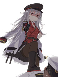 Rule 34 | 1boy, 1girl, admiral (kancolle), aiming, anger vein, angry, bad id, bad pixiv id, belt, black footwear, black gloves, black hat, black pantyhose, black skirt, boots, breasts, brown eyes, cleavage, closed mouth, cnm, coat, gangut (kancolle), gloves, gun, hand on own hip, handgun, hat, highres, holding, holding gun, holding weapon, jacket, jacket on shoulders, kantai collection, knee boots, long hair, long sleeves, looking at viewer, looking down, lying, navel, on stomach, open clothes, open coat, pantyhose, peaked cap, pistol, pleated skirt, red shirt, shaded face, shirt, short sleeves, silver hair, simple background, skirt, small breasts, solo focus, stomping, thighband pantyhose, torpedo, weapon, white background, white coat, white hat