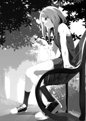 Rule 34 | 1girl, achiki, bench, bush, closed mouth, digital media player, earbuds, earphones, from side, grass, greyscale, hand up, highres, holding, ipod, long hair, long sleeves, monochrome, original, outdoors, school uniform, shoes, sitting, skirt, smile, sneakers, solo, sweater vest, thighs, tree