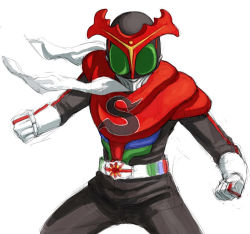Rule 34 | 1boy, belt, bodysuit, cowboy shot, gloves, helmet, kamen rider, kamen rider stronger, kamen rider stronger (series), letter, looking at viewer, male focus, scarf, simple background, skin tight, solo, standing, superhero costume, white background, white gloves, yu 65026