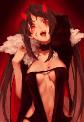 Rule 34 | 1girl, :d, absurdres, arm up, black dress, blood, blood on face, blood stain, blush, breasts, brown hair, center opening, choker, cyta celest, dress, fate/grand order, fate (series), fur collar, head tilt, highres, horns, long hair, looking at viewer, open mouth, red background, red eyes, revealing clothes, sidelocks, simple background, smile, solo, teeth, upper body, wide sleeves, yu mei-ren (fate)