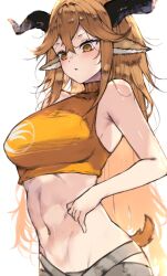 1girl animal_ears arknights black_horns breasts brown_eyes brown_hair commentary_request degenbrecher_(arknights) highres horns kyuu_(plastic_night_q) long_hair medium_breasts midriff navel simple_background sleeveless solo stomach tail white_background