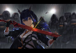 Rule 34 | 1girl, arknights, blocking, blue hair, blurry, blurry background, breasts, c-eye, ch&#039;en (arknights), closed mouth, commentary request, crossed bangs, dragon girl, dragon horns, fingerless gloves, gloves, hair between eyes, highres, holding, holding sword, holding weapon, horns, jacket, letterboxed, long hair, looking at viewer, necktie, open clothes, open jacket, rain, red eyes, red necktie, shirt, solo, split mouth, sword, upper body, weapon, wet, wet clothes, wet shirt, white shirt