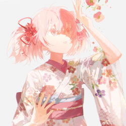 Rule 34 | 1girl, absurdres, alternate costume, arm up, artist name, flower, grey background, hair between eyes, highres, japanese clothes, kaname madoka, kimono, looking up, mahou shoujo madoka magica, parted lips, pink eyes, pink flower, pink hair, riko-m, sidelocks, simple background, solo, upper body, wide sleeves
