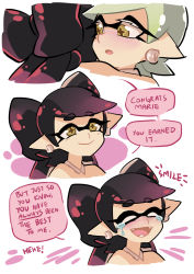 Rule 34 | + +, 2girls, black hair, blush, callie (splatoon), closed eyes, cousins, crying, detached collar, earrings, english text, food, food on head, gomipomi, grey hair, highres, hug, inkling, jewelry, long hair, marie (splatoon), mole, mole under eye, multiple girls, nintendo, object on head, open mouth, parted lips, pointy ears, short hair, smile, splatoon (series), splatoon 1, strapless, sushi, tentacle hair