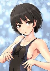 Rule 34 | 1girl, amagami, bad id, bad pixiv id, black hair, breasts, brown eyes, cleavage, competition swimsuit, fujisawa takashi, nanasaki ai, one-piece swimsuit, one-piece tan, shiny skin, short hair, sideboob, solo, swimsuit, tan, tanline, upper body