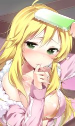 Rule 34 | 1girl, bad id, bad pixiv id, blonde hair, blush, bra, breasts, cleavage, cum, cum on body, cum on breasts, cum on food, cum on upper body, food, green eyes, hoshii miki, idolmaster, idolmaster (classic), jacket, lingerie, long hair, medium breasts, open clothes, open jacket, popsicle, sexually suggestive, solo, suggestive fluid, underwear, yuran
