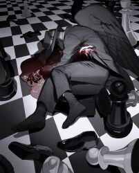 Rule 34 | 1boy, black coat, black eyes, black footwear, black headwear, black pants, black socks, black suit, black wings, bleeding, blood, blood on clothes, blood on face, blood on hands, checkered background, checkered floor, chess piece, chessboard, claws, coat, collared coat, colored extremities, colored skin, cross, cross necklace, dying, empty eyes, feathered wings, formal, full body, grey skin, highres, holding, holding jewelry, holding necklace, jewelry, knight (chess), korean commentary, long sleeves, looking at viewer, lying, male focus, mask, necklace, on side, original, pants, pawn (chess), pool of blood, rook (chess), sasi mozzi1, socks, solo, suit, unworn footwear, wings