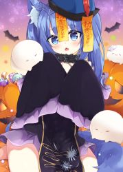 Rule 34 | 1girl, animal ear fluff, animal ears, black collar, black dress, blue eyes, blue hair, blue hat, chain, collar, commentary request, dress, fang, ghost, hands up, hat, jack-o&#039;-lantern, jiangshi costume, long hair, long sleeves, looking at viewer, maki soutoki, ofuda, open mouth, original, qingdai guanmao, sleeves past fingers, sleeves past wrists, solo, tail, twintails