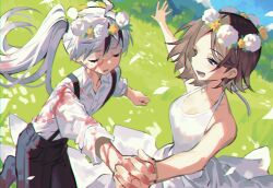 Rule 34 | 1boy, 1girl, absurdres, ahoge, bare shoulders, black pants, blood, blood on clothes, blood on hands, brown hair, closed eyes, dress, flower, grass, head wreath, highres, holding hands, library of ruina, long hair, long sleeves, maratang, medium hair, moirai (project moon), mountainous horizon, multicolored hair, open mouth, pants, project moon, shirt, side ponytail, streaked hair, suspenders, very long hair, white dress, white flower, white hair, white shirt, yan vismok, yellow flower