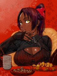 Rule 34 | 1girl, alternate costume, arm up, bleach, bow, breasts, cleavage, cleavage cutout, clothing cutout, cup, dark-skinned female, dark skin, fingernails, food, food on face, hair bow, high ponytail, highres, knees up, large breasts, lips, long hair, looking at viewer, mole, mole on breast, pantyhose, purple hair, shihouin yoruichi, sitting, sleeves past wrists, solo, spread legs, sweater, tata (pixiv57531723), thumb to mouth, yellow eyes, zipper, zipper pull tab