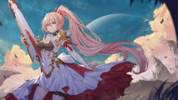 Rule 34 | 1girl, absurdres, blue eyes, blue sky, braid, breasts, closed mouth, cloud, commentary, day, dress, falling leaves, gunblade, hair between eyes, high ponytail, highres, holding, holding weapon, leaf, long hair, looking at viewer, medium breasts, outdoors, pink hair, planet, ponytail, roi (liu tian), shionne (tales), sky, solo, tales of (series), tales of arise, v-shaped eyebrows, very long hair, weapon, white dress