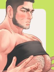 Rule 34 | 1boy, bara, beard, black hair, blush, buzz cut, chest hair, chest harness, facial hair, facial scar, from side, golden kamuy, hands up, harness, large pectorals, male focus, mature male, muscular, muscular male, nipples, nopinzo, pectoral press, pectorals, scar, scar on cheek, scar on face, short hair, sideburns, solo, tanigaki genjirou, thick eyebrows, underpec, very short hair