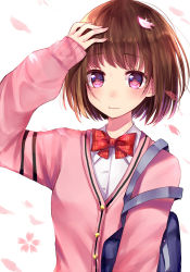 Rule 34 | 1girl, arm up, bag, bookbag, bow, bowtie, brown hair, collared shirt, commentary request, fingernails, hand on own head, jacket, long sleeves, looking at viewer, maria (maria0304), nail polish, original, petals, pink jacket, pink nails, purple eyes, red bow, red bowtie, school bag, school uniform, shirt, short hair, simple background, sleeves past wrists, solo, upper body, white background, white shirt
