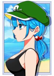 Rule 34 | 1girl, alternate hairstyle, bare shoulders, blue eyes, blue hair, breasts, closed mouth, expressionless, from side, green hat, hair behind ear, hair between eyes, hair bobbles, hair ornament, hat, highres, ishiki nuru, kawashiro nitori, large breasts, low ponytail, outline, profile, solo, tank top, touhou, white outline