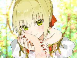 Rule 34 | 1girl, ahoge, akamakoto, bare shoulders, blonde hair, blush, bow, braid, collarbone, fate/grand order, fate (series), french braid, green eyes, guided petting, hair bow, hair intakes, highres, looking at viewer, nail polish, nero claudius (fate), nero claudius (fate) (all), pov, red bow, signature, smile