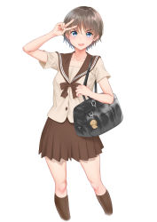Rule 34 | 1girl, bag, bag charm, blush, bow, bowtie, breasts, brown bow, brown bowtie, brown hair, brown sailor collar, brown shirt, brown skirt, brown socks, charm (object), collarbone, commentary, doyagao, hair between eyes, hand to head, highres, holding, holding bag, holding strap, kneehighs, looking at viewer, nora shinji, open mouth, original, pleated skirt, purple eyes, sailor collar, salute, school bag, school uniform, serafuku, shirt, short hair, short sleeves, simple background, skirt, small breasts, smile, smug, socks, solo, standing, stuffed animal, stuffed dog, stuffed toy, v, v-shaped eyebrows, white background