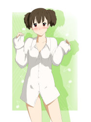 Rule 34 | 1girl, absurdres, bad id, bad pixiv id, blush, brown eyes, brown hair, dress shirt, highres, k-on!, musical note, niwatazumi, no pants, shirt, short hair, short twintails, sleeves past wrists, solo, standing, suzuki jun, twintails