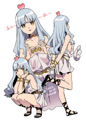 Rule 34 | 1girl, armlet, bare shoulders, bracelet, caren hortensia, caren hortensia (amor caren), caren hortensia (amor caren) (first ascension), chain, collarbone, dress, fate/grand order, fate/hollow ataraxia, fate (series), gladiator sandals, heart, jewelry, long hair, low-cut armhole, noko morokoshi, sandals, short dress, solo, thighs, wavy hair, white dress, white hair, wings, yellow eyes