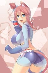 Rule 34 | 10s, 1girl, animal ears, ass, blue eyes, breasts, cat ears, cat tail, clothing cutout, covered erect nipples, creatures (company), fang, from behind, game freak, gloves, gym leader, hair ornament, holding, holding poke ball, huge breasts, kemonomimi mode, large breasts, magister, midriff, nintendo, open mouth, poke ball, pokemon, pokemon bw, red hair, scrunchie, shorts, skyla (pokemon), smile, solo, tail, tail through clothes, thigh strap, topknot