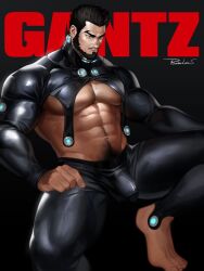 Rule 34 | 1boy, abs, armpit hair, bara, barefoot, beard, black bodysuit, bodysuit, bulge, chest hair, covered erect nipples, covered penis, dark-skinned male, dark skin, facial hair, foot out of frame, frown, gantz, hairy, highres, knuckle hair, large bulge, large pectorals, leg hair, looking down, male focus, mature male, muscular, muscular male, mustache, navel, navel hair, nipples, original, parody, pectorals, powerlesssong, revealing clothes, short hair, sideburns, sitting, skin tight, solo, spread legs, stomach, sweatdrop, thick eyebrows, thick thighs, thighs, underpec, veins, veiny arms