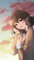 Rule 34 | 1girl, :o, blush, bob cut, breath, brown hair, clenched hand, cloud, hand on own face, highres, idolmaster, idolmaster cinderella girls, light smile, looking at viewer, looking to the side, namiki meiko, outdoors, sanpo (sanpo 1027), solo, sunset, upper body