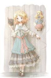 Rule 34 | 1girl, adapted costume, alice margatroid, alternate costume, arinu, basket, blonde hair, blue dress, blush, book, bracelet, capelet, dated, doll, dress, full body, hair ribbon, hairband, jewelry, layered dress, long hair, long sleeves, looking at another, looking at viewer, mary janes, open book, puppet strings, ribbon, sash, shanghai doll, shoes, short hair, smile, socks, solo, touhou, white socks, wide sleeves, yellow eyes