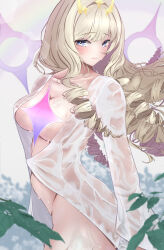 Rule 34 | 1girl, 403 oekaki suke, blonde hair, blue eyes, blush, breasts, crown (naked king) (nikke), crown (nikke), diadem, disembodied hand, drill hair, goddess of victory: nikke, hair ornament, headgear, large breasts, long hair, looking at viewer, open clothes, open shirt, see-through, see-through shirt, shirt, solo, wet, wet clothes, wet shirt, white shirt