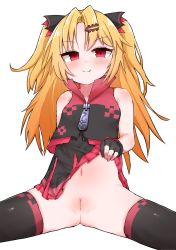 Rule 34 | 1girl, absurdres, akatsuki uni, black gloves, black thighhighs, blonde hair, blush, breasts, cleft of venus, clothes lift, crop top, dress, dress lift, fang, female focus, fingerless gloves, gloves, hair ornament, hair ribbon, hairclip, highres, lifted by self, loli kko daisuki kurabu, long hair, looking at viewer, navel, pussy, red eyes, ribbon, shirt, short dress, simple background, sitting, sleeveless, sleeveless shirt, small breasts, smile, solo, spread legs, thighhighs, two side up, uncensored, uni create, virtual youtuber, white background, zipper