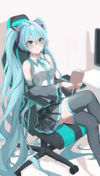 Rule 34 | 1girl, absurdres, aqua eyes, aqua hair, aqua necktie, bare shoulders, black skirt, black sleeves, boots, breasts, chair, closed mouth, collared shirt, detached sleeves, grey shirt, hair between eyes, hatsune miku, highres, indoors, kawasuru (15miclon), lace, lace-trimmed shirt, lace trim, long hair, medium breasts, necktie, office chair, pleated skirt, reading, shirt, sitting, skirt, sleeveless, sleeveless shirt, solo, swivel chair, thigh boots, thighhighs, twintails, very long hair, vocaloid, zettai ryouiki