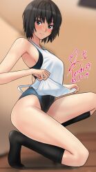 Rule 34 | 1girl, amagami, apron, apron lift, armpits, bare shoulders, black eyes, black hair, black one-piece swimsuit, black socks, blurry, blurry background, blush, breasts, closed mouth, clothes lift, commentary request, competition swimsuit, dated, depth of field, heart, highleg, highres, kneehighs, lifted by self, looking at viewer, medium breasts, nanasaki ai, nearly naked apron, on one knee, one-piece swimsuit, revision, short hair, signature, socks, solo, swimsuit, white apron, yoo tenchi