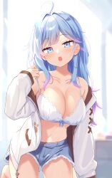 Rule 34 | 1girl, absurdres, ahoge, barefoot, blue eyes, blue hair, blue shorts, blurry, blurry background, blush, bow, bow bra, bra, breasts, commentary request, commission, depth of field, gradient hair, hair intakes, hand up, highres, indie virtual youtuber, jacket, large breasts, lifting own clothes, long hair, long sleeves, looking at viewer, mimura zaja, multicolored hair, off shoulder, open clothes, open jacket, open mouth, pixiv commission, puffy long sleeves, puffy sleeves, purple hair, setsuna meguri, short shorts, shorts, sitting, solo, strap lift, teeth, underwear, upper teeth only, very long hair, virtual youtuber, white bra, white jacket