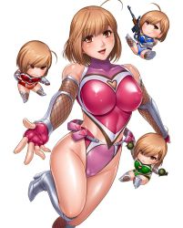 Rule 34 | 00s, 1girl, ahoge, bare shoulders, blush, breasts, brown eyes, brown hair, cameltoe, chibi, cleavage, cleavage cutout, clothing cutout, female focus, gloves, heart, heart cutout, highres, kokonoki nao, large breasts, legs, leotard, looking at viewer, open mouth, shiny skin, short hair, smile, taimanin (series), taimanin asagi, taimanin asagi kessen arena, weapon, yoimachi shuri