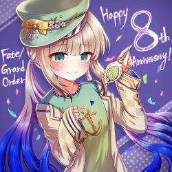 Rule 34 | 1boy, alternate color hat, alternate costume, anchor symbol, blonde hair, blue background, captain nemo (fate), english text, fate/grand order, fate (series), flower, flower in hat, green eyes, green hat, green shirt, happy anniversary, hat, hat flower, highres, jacket, light blush, male focus, nemo (fate), open clothes, open jacket, shell, shell ocean, shirt, sleeves past wrists, smile, solo, very long sleeves