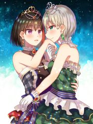 Rule 34 | 2girls, aoba moca, bang dream!, black hair, blush, bow, commentary request, dress, earrings, gloves, green dress, green eyes, grey dress, grey hair, hand on another&#039;s mouth, hand on another&#039;s waist, holding hands, jewelry, mitake ran, multicolored hair, multiple girls, necklace, nyacha (tya n ya), purple eyes, red hair, short hair, streaked hair, tiara, white gloves, yuri