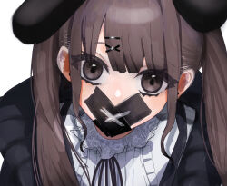 Rule 34 | 1girl, aoishi pachira, brown eyes, brown hair, center frills, duct tape, earrings, frills, gag, hair ornament, hairclip, highres, improvised gag, jacket, jewelry, lace collar, long hair, looking at viewer, neck ribbon, original, ribbon, solo, tape, tape gag, twintails, upper body