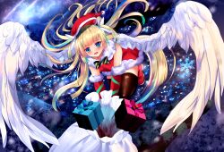 Rule 34 | 1girl, absurdres, alternate costume, angel, angel wings, bare shoulders, black thighhighs, blonde hair, blue eyes, blue hair, blunt bangs, blush, boots, bow, box, christmas, city lights, commentary, dress, elbow gloves, floating hair, flying, from above, full body, fur-trimmed dress, fur-trimmed gloves, fur trim, gift, gift bag, gift box, gloves, green bow, hat, highres, izumikuu, long hair, looking at viewer, mountainous horizon, multicolored hair, night, open mouth, outdoors, santa boots, santa costume, santa dress, santa gloves, santa hat, shirayuki noa, shooting star, short dress, sky, sleeveless, sleeveless dress, smile, snowflakes, solo, star (sky), starry sky, streaked hair, tenshi souzou re-boot!, thighhighs, two side up, very long hair, white wings, wing hair ornament, wings, zettai ryouiki