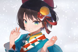 Rule 34 | absurdres, black hair, bow, claw pose, commentary request, flower, grin, hair bow, hair flower, hair ornament, highres, hololive, japanese clothes, kimono, looking at viewer, oozora subaru, oozora subaru (new year), red bow, short hair, smile, solo, t6 ti, teeth, upper body, virtual youtuber